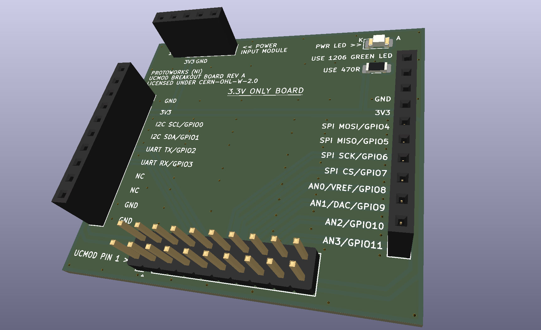 UCMOD Breakout Board showing the labelled GPIO and peripheral connections